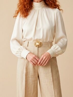 Vintage Gold Tone Oval Brooch Faux Pearl Ornate Filigree Victorian Style Pin 2"